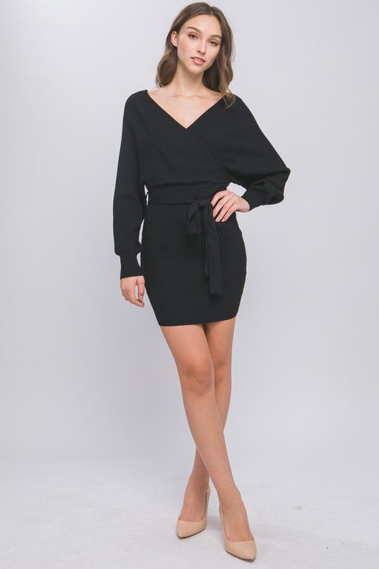 Off Shoulder Wrap Belted Ribbed Knit Dress