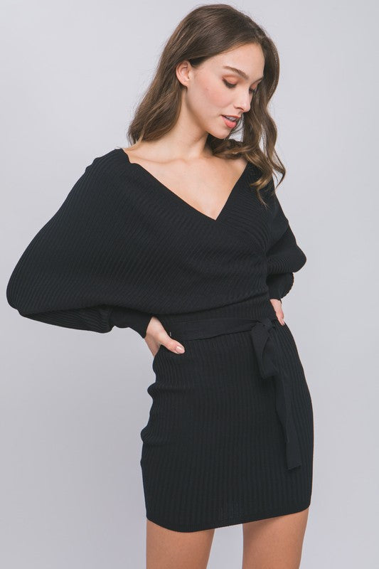 Off Shoulder Wrap Belted Ribbed Knit Dress