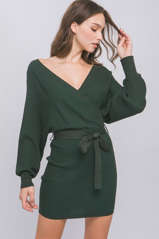 Off Shoulder Wrap Belted Ribbed Knit Dress