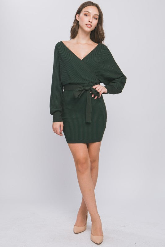 Off Shoulder Wrap Belted Ribbed Knit Dress