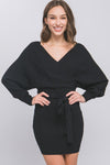 Off Shoulder Wrap Belted Ribbed Knit Dress