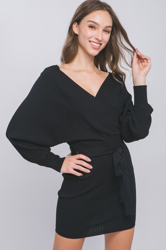 Off Shoulder Wrap Belted Ribbed Knit Dress