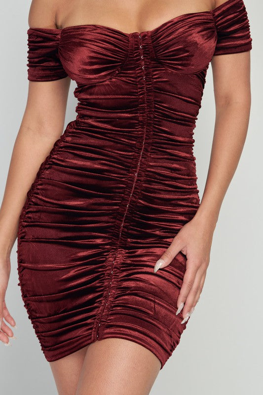 Velvet Off Shoulder Ruched Dress - Artemisia Clothing Shop