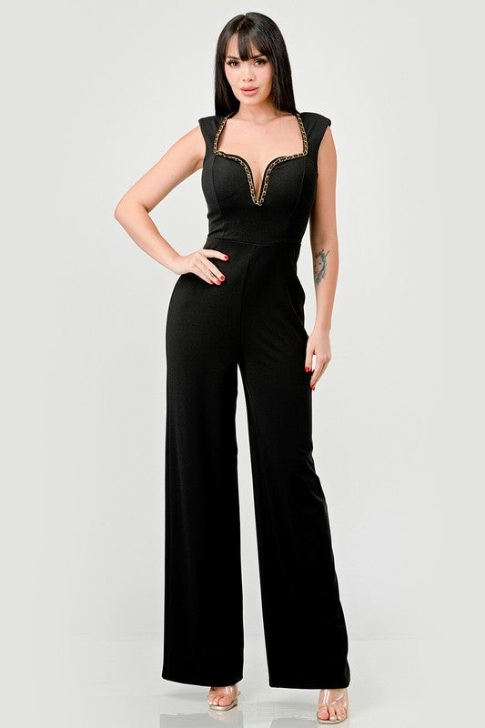 Crepe Gold Chain Trim Detail Jumpsuit