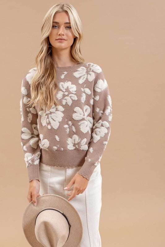 FLORAL DISTRESSED CREWNECK TERRY KNIT SWEATER