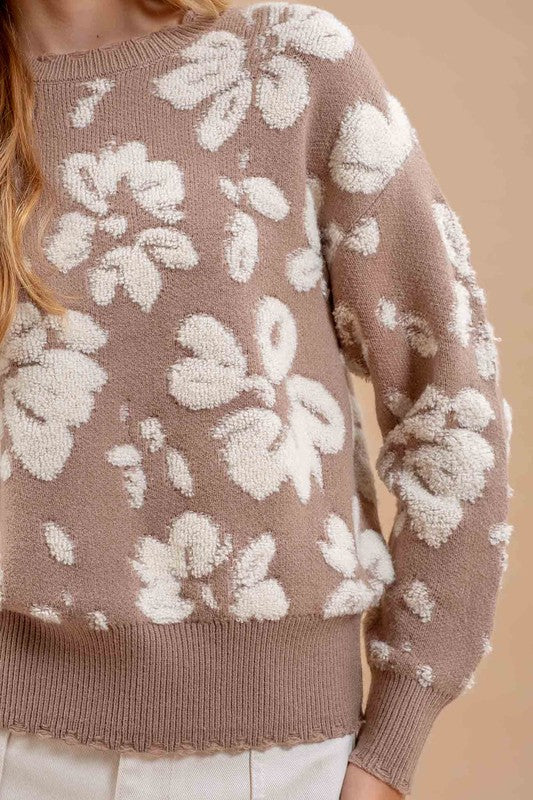 FLORAL DISTRESSED CREWNECK TERRY KNIT SWEATER