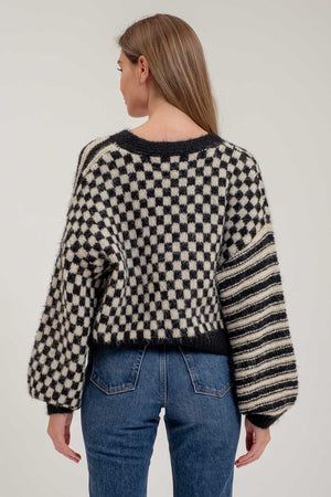 Stripe and Checkered Drop Shoulder Knit Cardigan