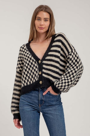 Stripe and Checkered Drop Shoulder Knit Cardigan