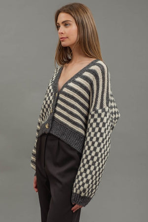 Stripe and Checkered Drop Shoulder Knit Cardigan