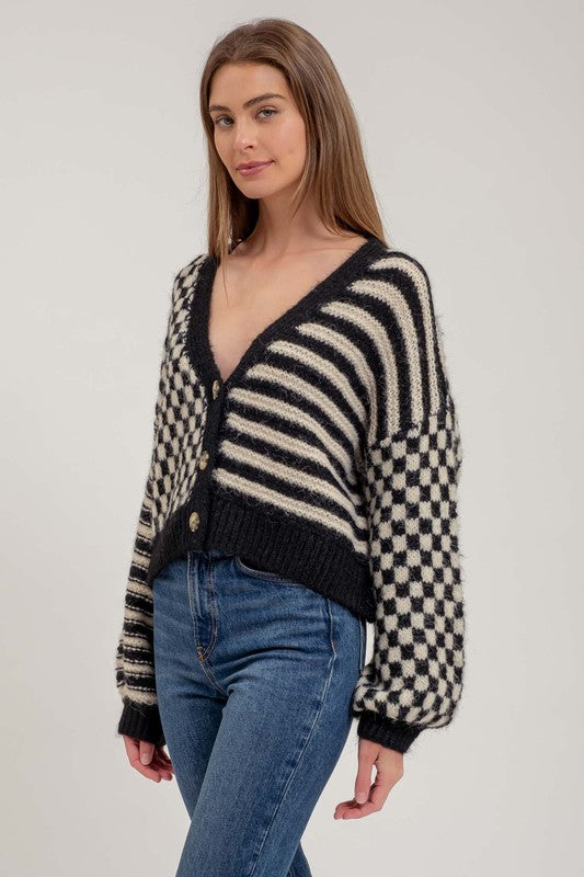 Stripe and Checkered Drop Shoulder Knit Cardigan – Artemisia