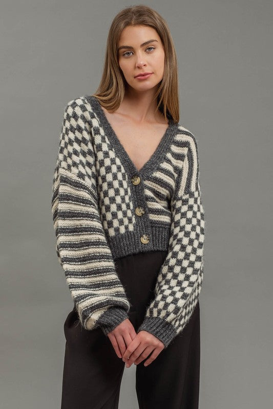 Stripe and Checkered Drop Shoulder Knit Cardigan