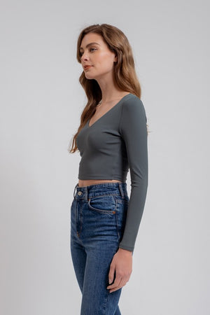 V Neck Long Sleeve Knit Crop Top