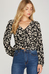 Ruched Printed Flower Top - Artemisia Clothing Shop