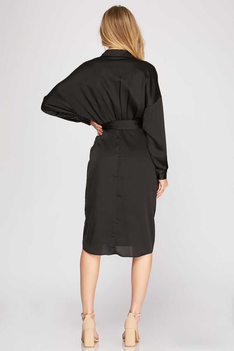 Cuff Sleeve Satin Dress - Artemisia Clothing Shop