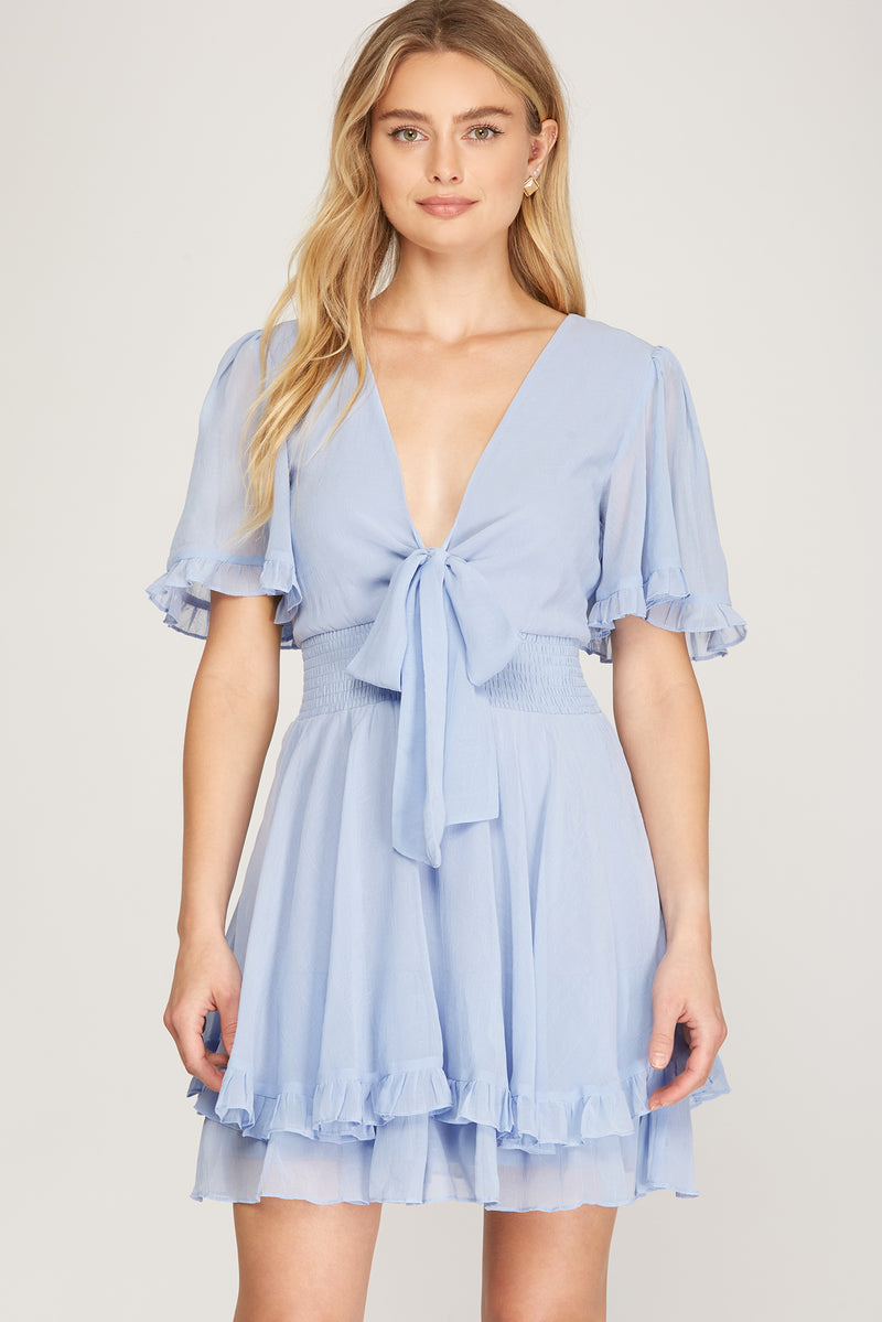 V-Neck Smocked  Ruffled Mini Dress - Artemisia Clothing Shop