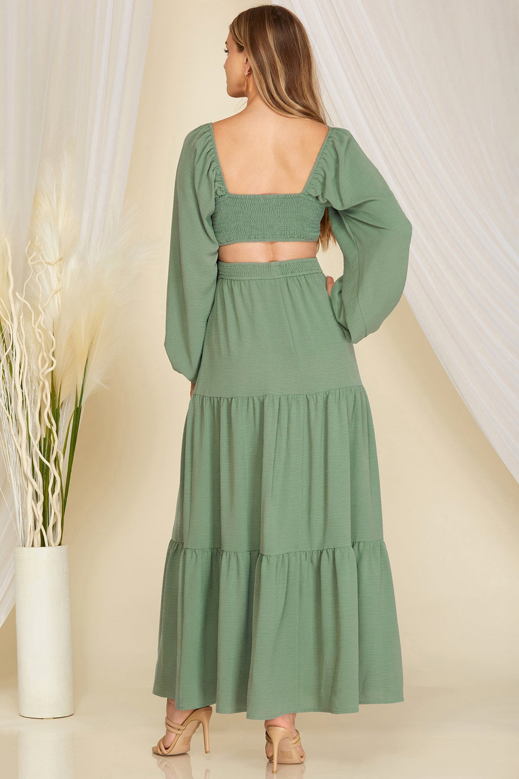 Tiered Long Sleeve Cutout Maxi Dress - Artemisia Clothing Shop